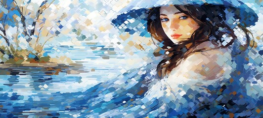 Summer in mosaic art style There are no people present on the scene, ai generative