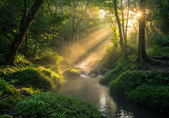 Obraz premium Sunbeams filter through trees, illuminating a stream flowing through a lush, green forest. Moss-covered rocks line the banks.