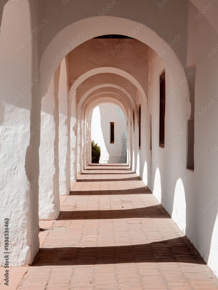 Poster white archway creating light and shadow play in corridor