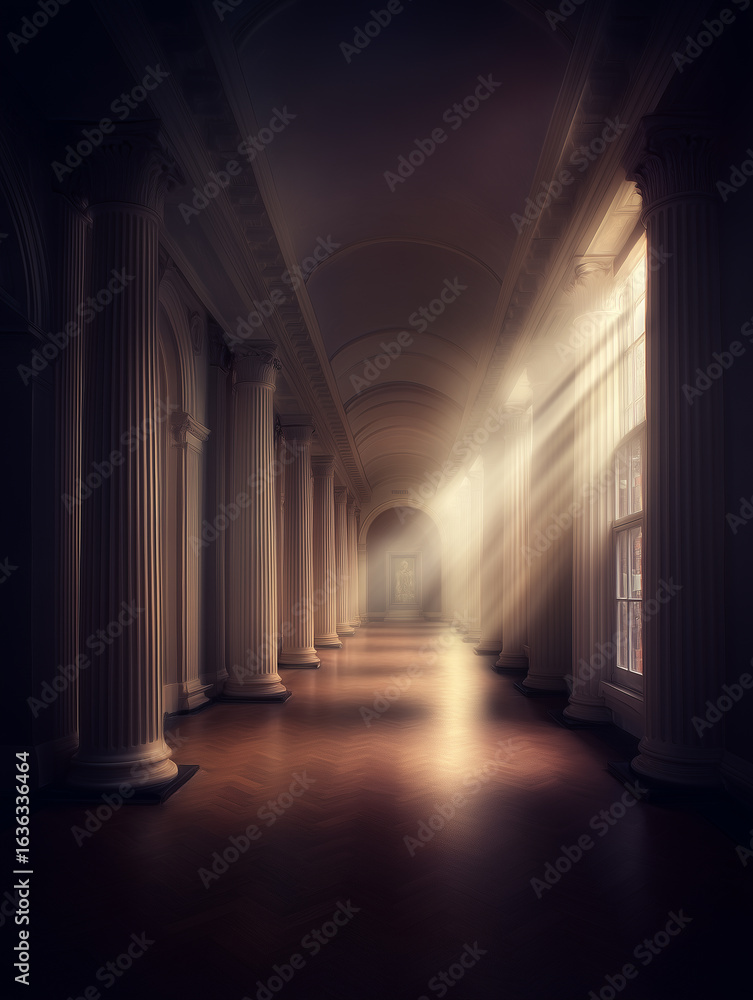 Poster sunbeams illuminating corridor with columns in historic building