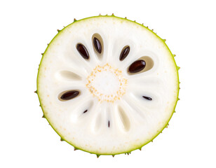 Close-Up of White-Fleshed Soursop Slice with Visible Black Seeds and Green Rind, Transparent PNG