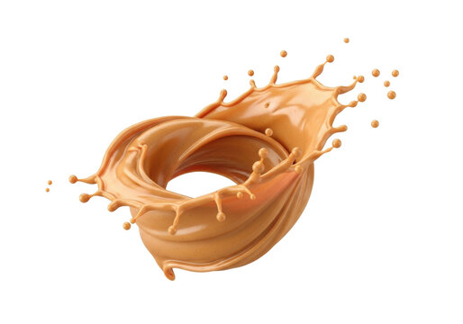 A dynamic splash and swirl of creamy peanut butter with distinct droplets flying outwards, captured in ultra realistic UHD photography against a pure plain white background with bright even lighting,