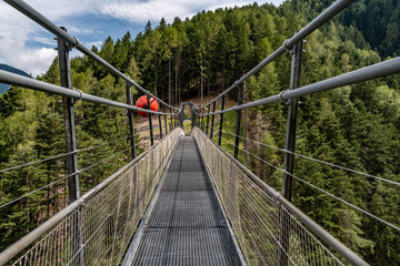 Lange Hängebrücke über Waldschlucht in den Südtiroler Alpen