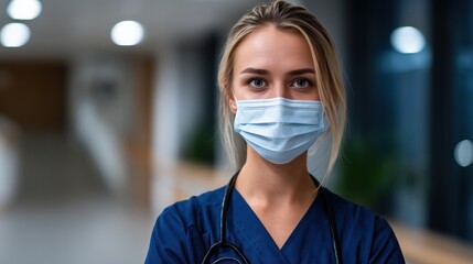 Female nurse in blue scrubs and surgical mask standing in a hospital corridor