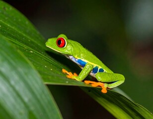 A vibrant red-eyed tree frog with bright green skin, blue and yellow flanks, and orange toes sits perched on a lush green leaf in its tropical habitat.