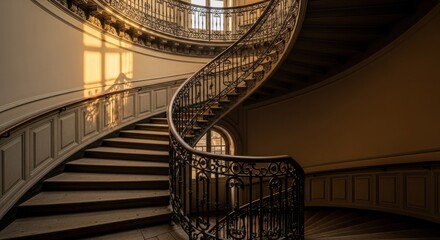 Fototapeta premium Spiral staircase with ornate iron railing, bathed in sunlight