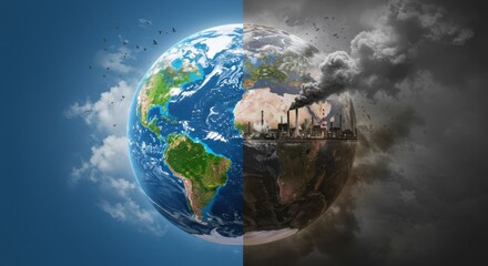 Naklejka premium Divided Earth: One side vibrant and healthy, the other polluted with factories and dark smoke, representing environmental contrast.