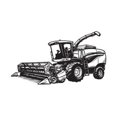 Naklejka premium Black and white vector illustration of a modern agricultural combine harvester machine