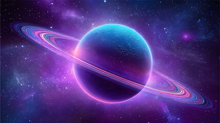 Vibrant rings encircle a celestial blue planet in a vast space.