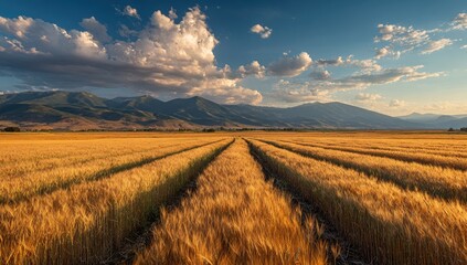 Golden wheat field stretches to mountains under a vibrant sky