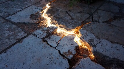 Cracked pavement illuminated by glow