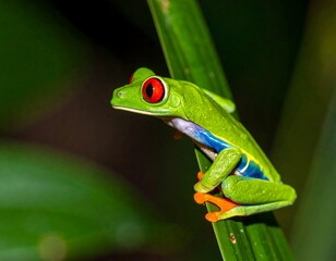 Fototapeta premium A vibrant red-eyed tree frog with bright green skin, blue and yellow flanks, and orange toes sits perched on a lush green leaf in its tropical habitat.