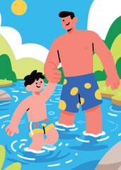 father and son swimming in the river Illustrator Artwork design template poster