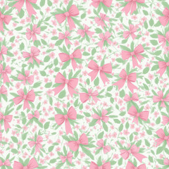 Floral Pattern With Pink Bows and Green Leaves on White Background