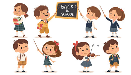 Back to school set. Cute little boys and girls in school uniform holding blackboard and books. Vector illustration