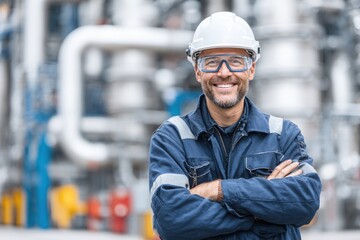 A handsome male worker wearing protective glasses and a helmet stands in front of the gas plant. The background is an industrial site featuring pipes and components for production or storage.