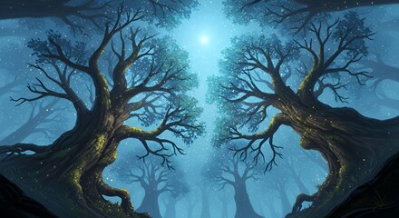 幻想的な森林 霧と光に包まれた風景