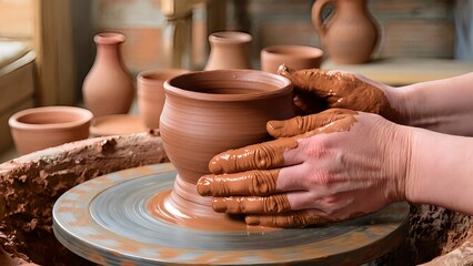 A potter's hands are expertly shaping a clay pot on a spinning pottery wheel, showing the traditional craft of ceramics and artistic creation.