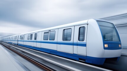 Modern Subway Train in Motion Against a Cloudy Sky Background