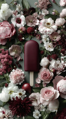 Ice cream on a stick made from natural, nutritious ingredients. Background and ornaments in floral and baroque style.