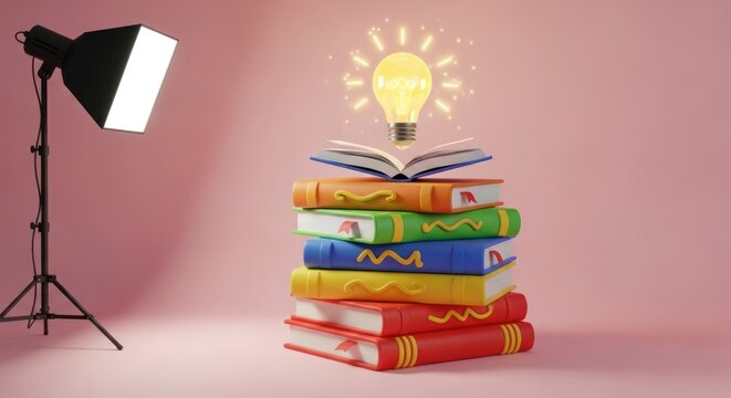 Stack of colorful books with open pages, glowing lightbulb, studio lighting - Powered by Adobe