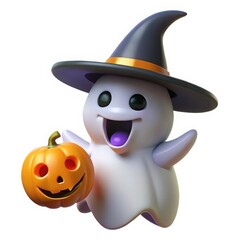 Cute cartoon ghost wearing witch hat holding jack o lantern isolated on white background