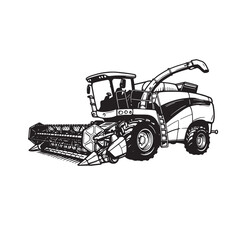 Detailed black and white illustration of a modern agricultural combine harvester