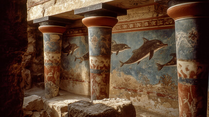 Historically accurate reconstruction of the famous dolphin fresco from the Minoan palace at Knossos, Crete.