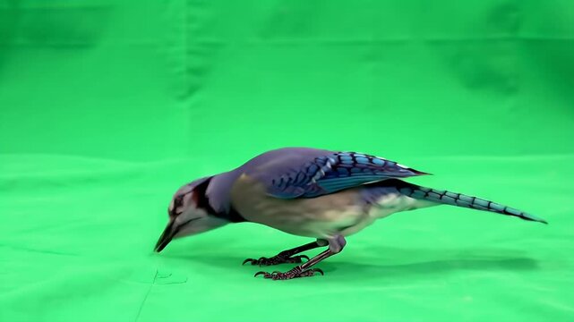 Blue Jay Bird Foraging on Green Screen Background for Easy Compositing