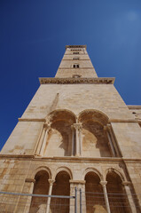The bell tower of Trani Cathedral, also known as the Cathedral of Saint Nicholas,
stands over the houses of the seaside village - Trani - Italy