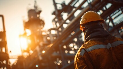 Back view of a worker in hardhat examining large, intricate industrial machinery and pipes inside a manufacturing or refinery facility.