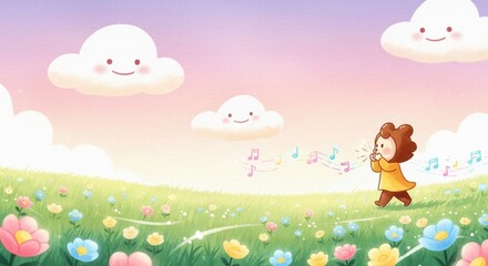 A whimsical scene of a child in a floral meadow, singing with smiling clouds above.