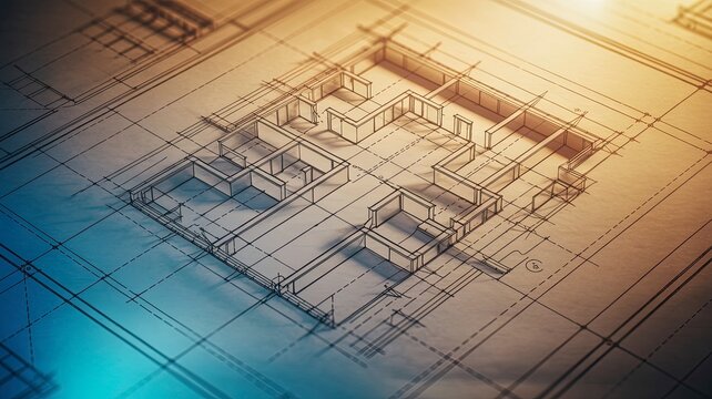 Illustration of architectural blueprint of a house foundation with detailed plans and measurements, illuminated by warm light