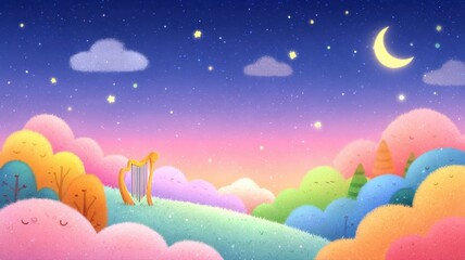 Dreamy landscape with colorful hills, a harp, and a starry sky at twilight.
