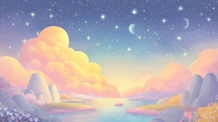 Serene landscape with pastel clouds, a calm water body, and a starry sky at twilight.
