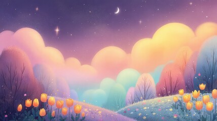 A dreamy landscape with colorful clouds and blooming flowers under a starry night sky.