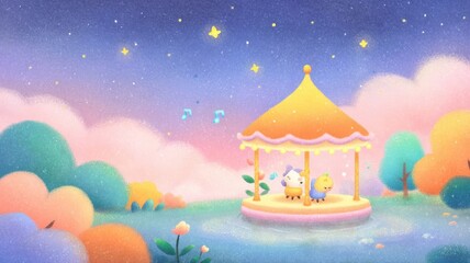 Whimsical scene of characters in a colorful gazebo surrounded by vibrant foliage under a starry sky.