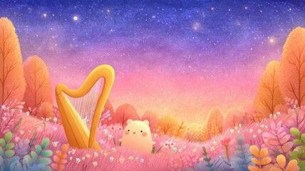 A whimsical landscape featuring a cute creature and a harp amidst colorful foliage.