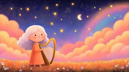 A girl plays the harp under a starry sky filled with colorful clouds and a crescent moon.