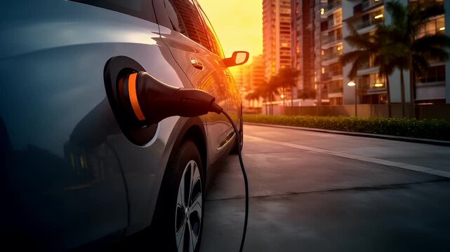 An electric car is charged during sunset on a city street. The cars side profile is illuminated by the setting sun, casting a warm orange glow on the vehicles body.