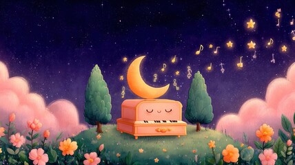 A whimsical piano under a crescent moon, surrounded by flowers and trees, creating a dreamy musical scene.