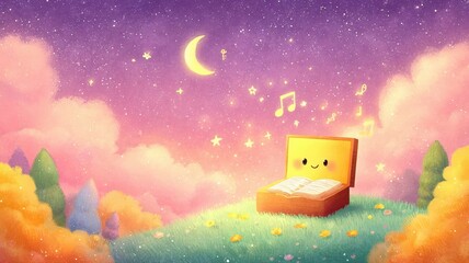 A whimsical scene featuring a smiling book in a suitcase under a starry sky, surrounded by colorful clouds and trees.