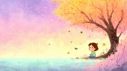 A whimsical scene of a child by a tree, surrounded by colorful leaves and butterflies under a pastel sky.