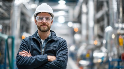 Obraz premium A male industrial engineer wearing a white helmet and safety glasses stands in front of an oil production plant.