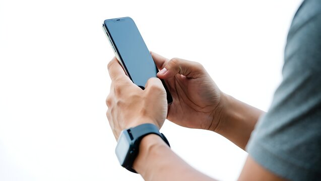 Man using smartphone isolated on white background with wearable smartwatch device