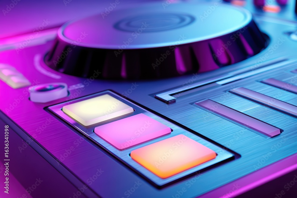 Poster close-up view of colorful dj controller buttons and knob in neon light