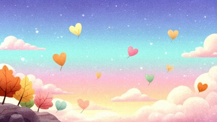 Colorful heart-shaped balloons float in a dreamy sky with pastel clouds and autumn trees.