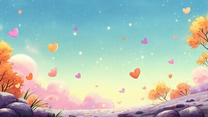 Colorful hearts float in a serene landscape with vibrant trees and a pastel sky.