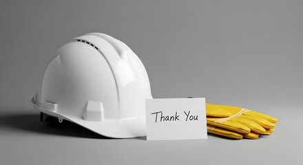 Minimalist image with hard hat, gloves, and ‘Thank You’ note
