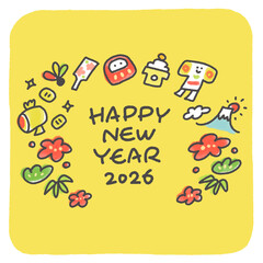 日本の正月の縁起物の手描きのかわいい年賀状　2026  正方形・SNS用・富士山・初日の出・松竹梅